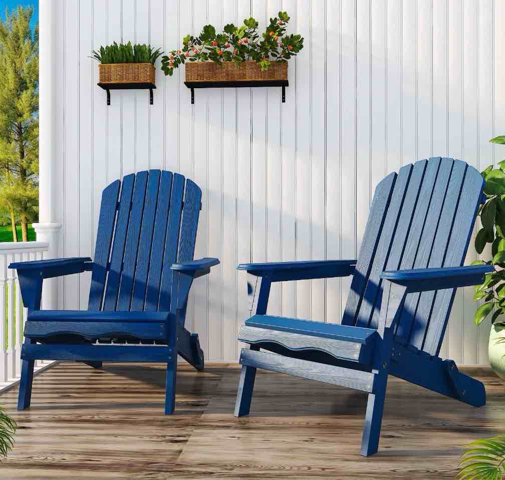 Ktaxon 2 Pack Patio Wood Adirondack Chair, Garden Chaise Chair Outdoor Folding Chair, Wooden Chair for Patio, Garden, Navy Blue