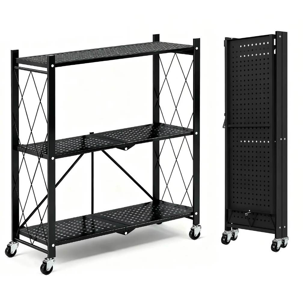 TAIMASI 3-Tier Foldable Metal Storage Shelf with Wheels, Heavy-Duty Movable Wire Rack for Garage, Kitchen, Basement, Pantry, 28''L x 13.4''W x 34.7''H-Black