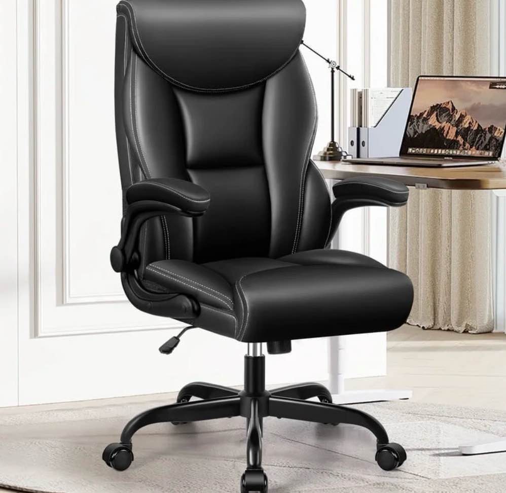 ATHOPE Executive Office Chair, Leather Office Chair with High Back Flip Up Armrests, Height Adjustable Comfy Desk Chair with Wheels, Ergonomic Computer Chair, Matte Black