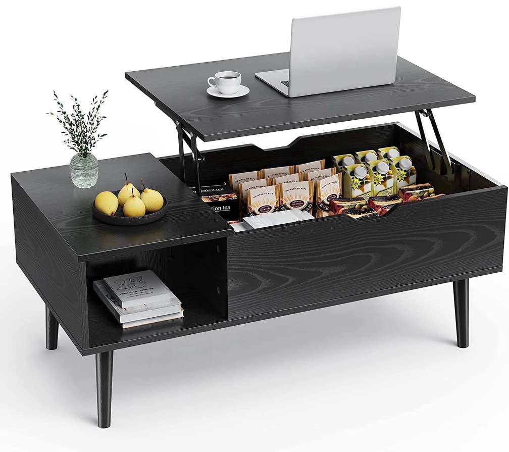 edx Wooden Lift Top Coffee Table with Hidden Compartments and Adjustable Shelves - Ideal for Small Homes, Apartments, Reception Rooms, Black Grain