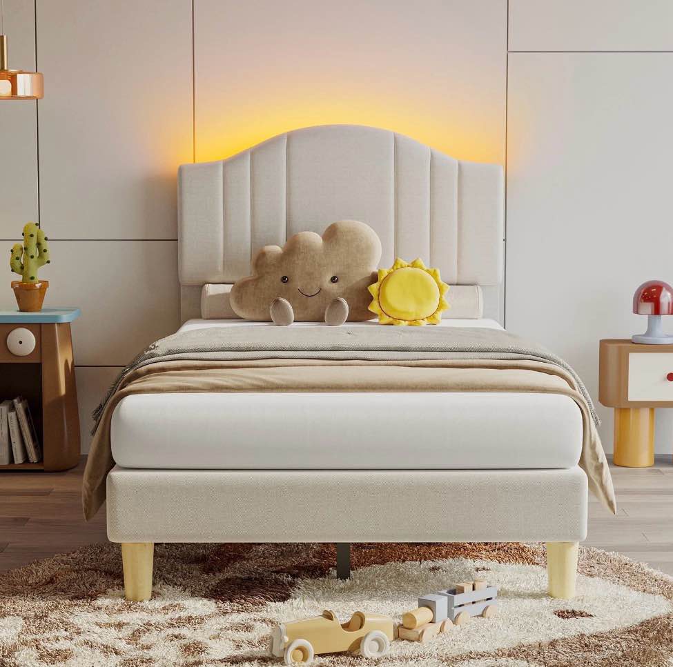 Pinmoco Twin Upholstered Bed Frame with Adjustable Arc-shaped Headboard, LED Platform Bed, Fabric Beige
