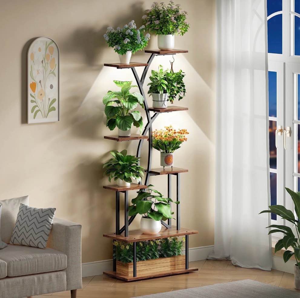 Plant Stand with Grow Lights, Biemlerfn 67" Tall Plant Shelf Indoor, 8 Tier Display Rack, Tree-Shape Metal Flower Holder for Home Living Room Office, Brown