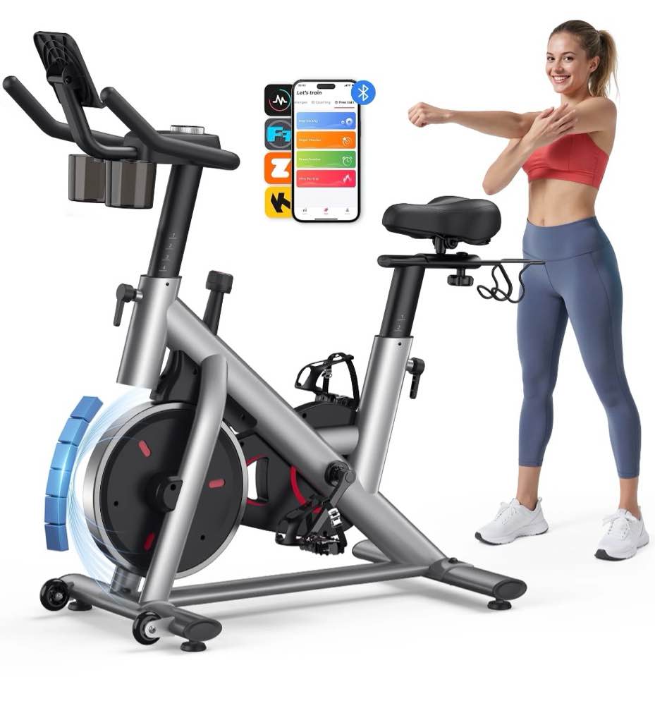 MERACH Exercise Bike, Brake Pad Stationary Bike with Exclusive App, Low Noise Indoor Cycling Bike with 300lbs Weight Capacity, Tablet Mount and Fitness Courses for Weight Loss