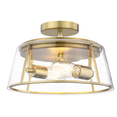 allen + roth Bowen 13-in Brushed gold Indoor 2 -Light Semi-flush Mount Light with Seeded Glass