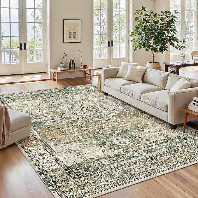 Soalmost Area Rugs for Living Room Non-Slip Washable Rugs 6x9 Vintage Rug for Bedroom Dinning Room Ultra-Thin Area Rugs Farmhouse Home Decor Olive/Beige