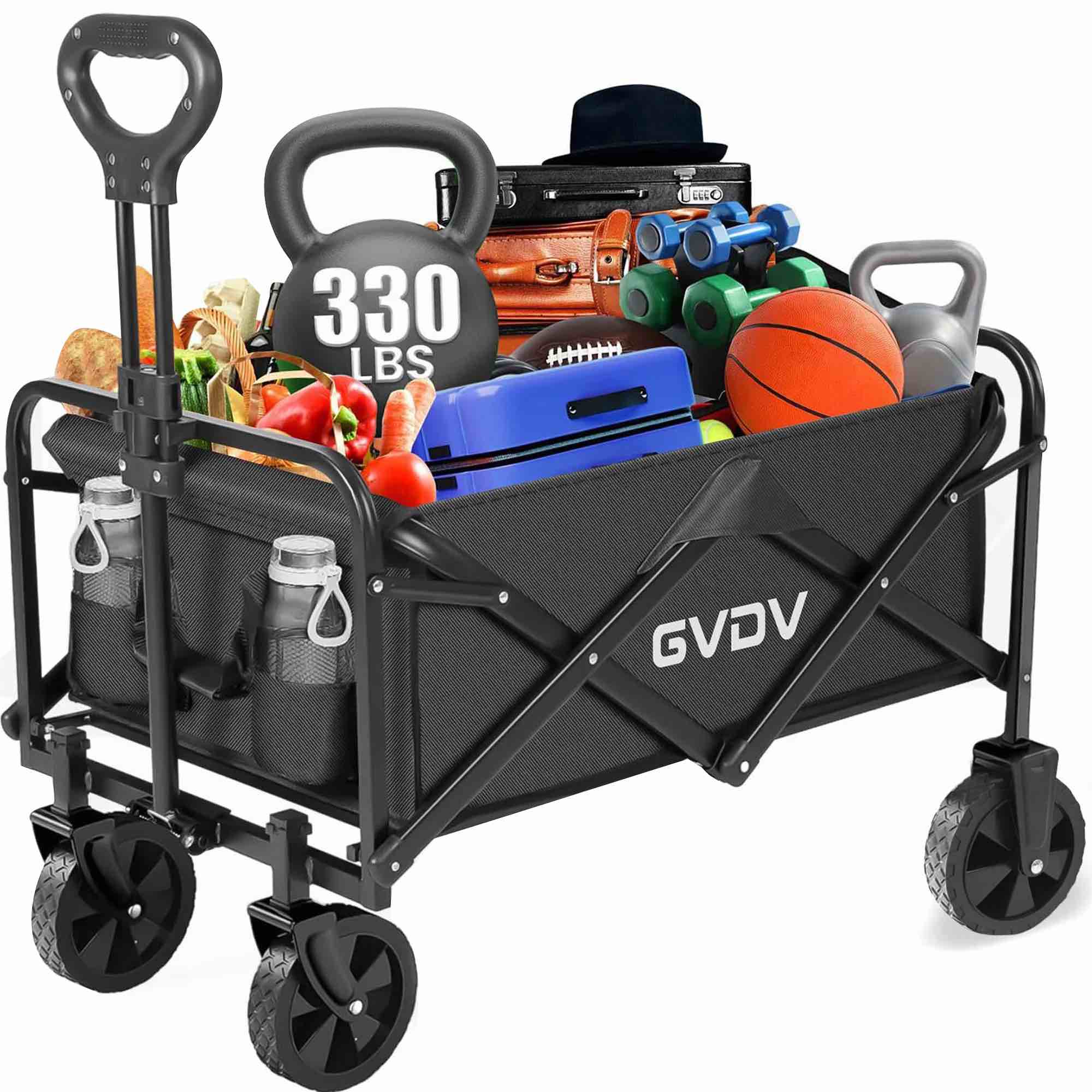 GVDV Collapsible Wagon Cart, Portable Utility Wagon for Camping, Beach, Picnic, Shopping, Sports, and Grocery Transport, Black