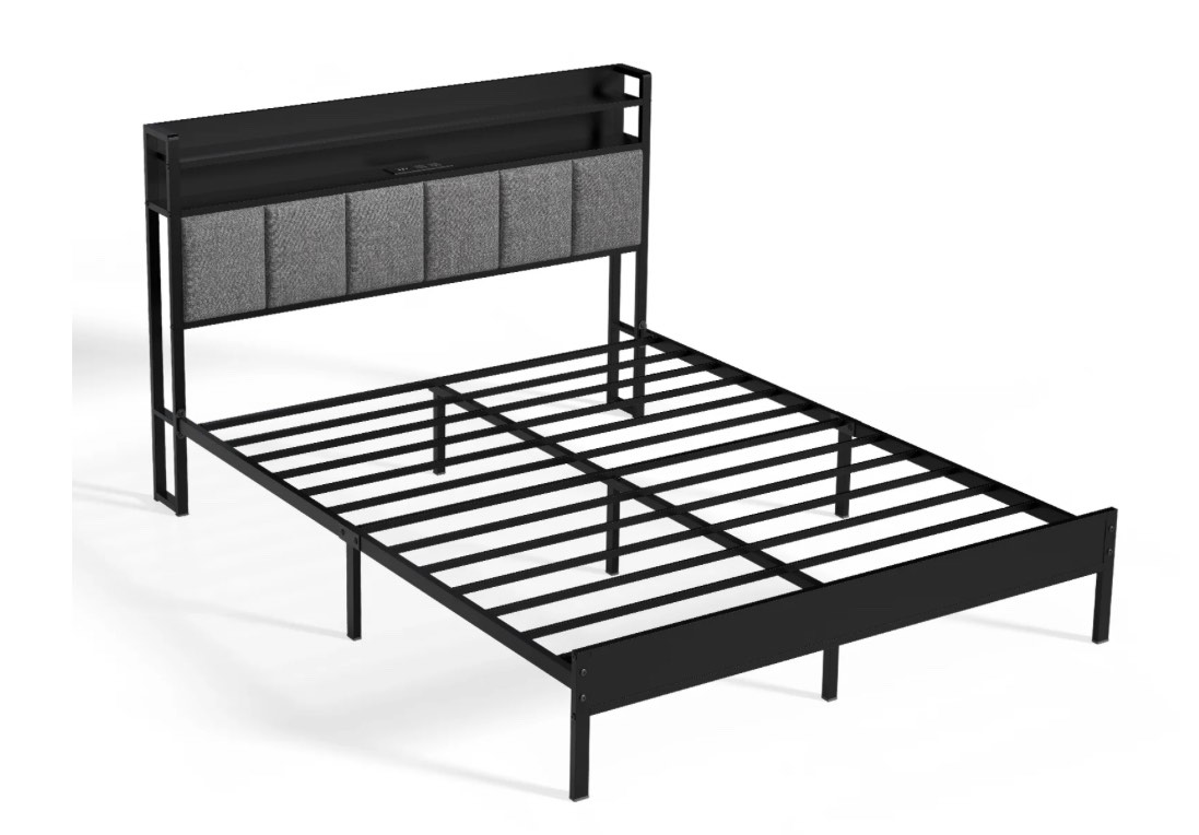Z-hom Full Bed Frame with LED Lights Headboard, Full Size Heavy Duty Metal Hybrid Bed Frame Bed Base, Sturdy Upholstered Wooden Full Platform Bed with Charging Ports & Storage Shelves