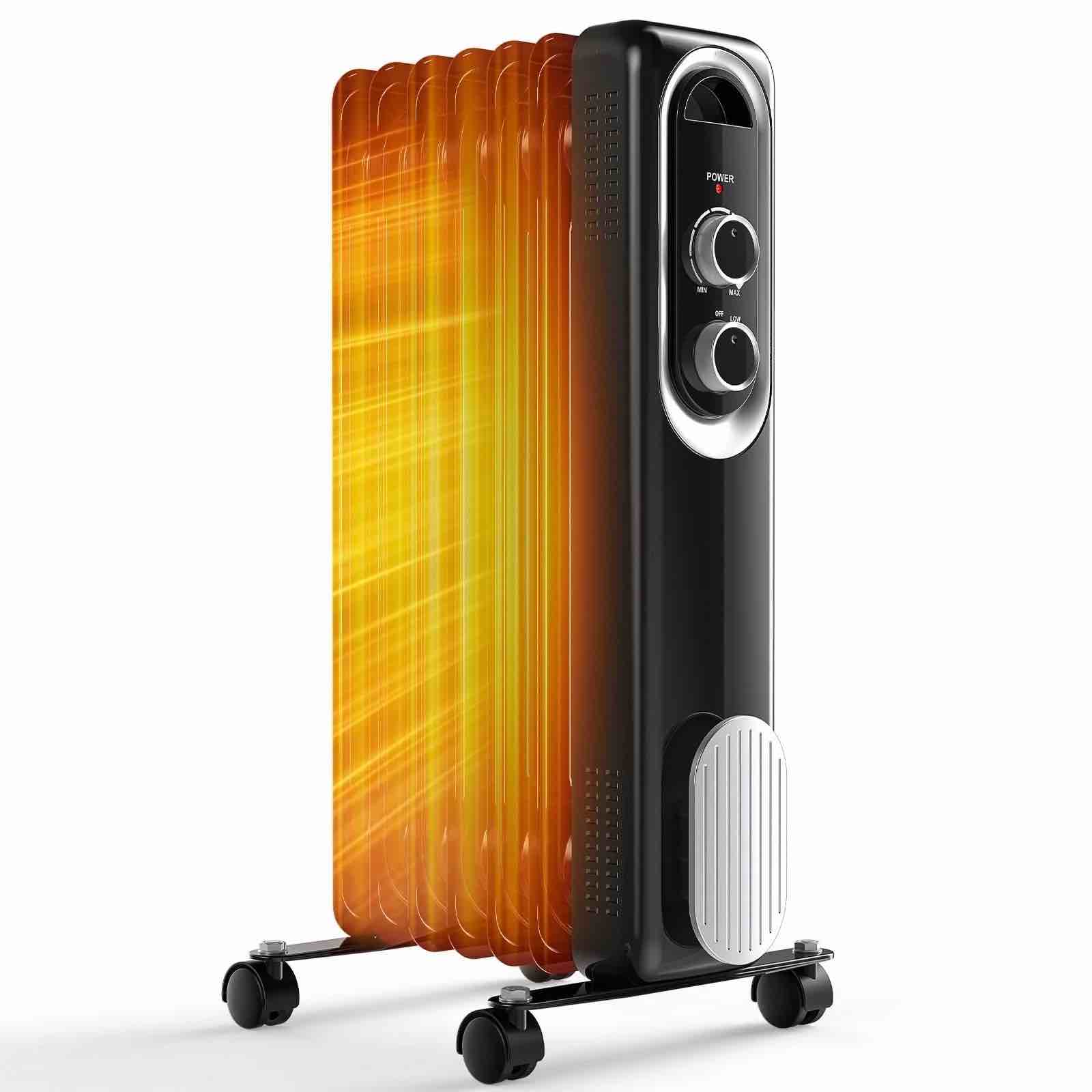 MCQ Basic Electric Oil Filled Radiator, Space Heater with Adjustable Thermostat,for Office Bedroom Home, Black