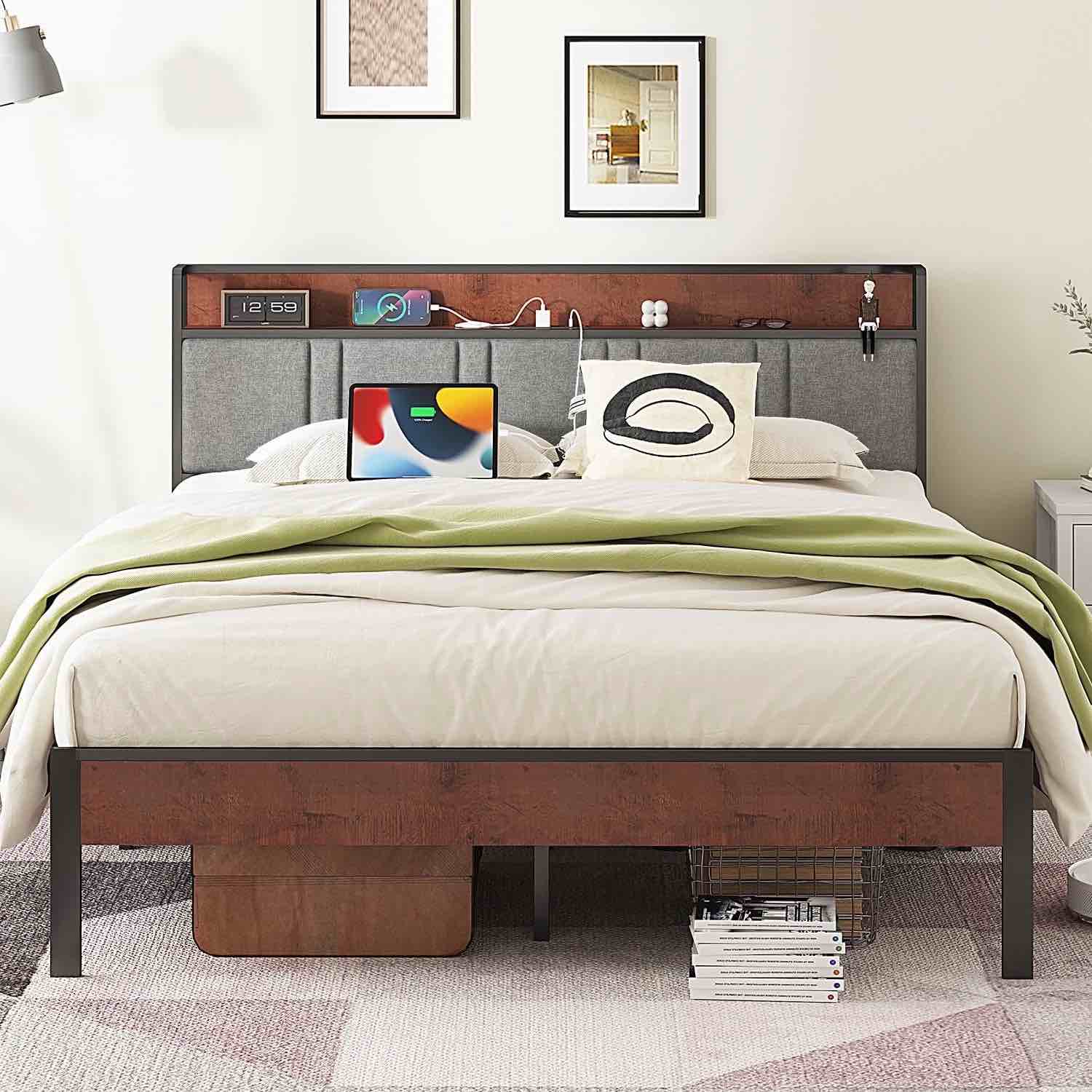 NISIEN Queen Bed Frame, Platform Bed Queen Size with Charging Station and Storage Upholstered Headboard, Gray