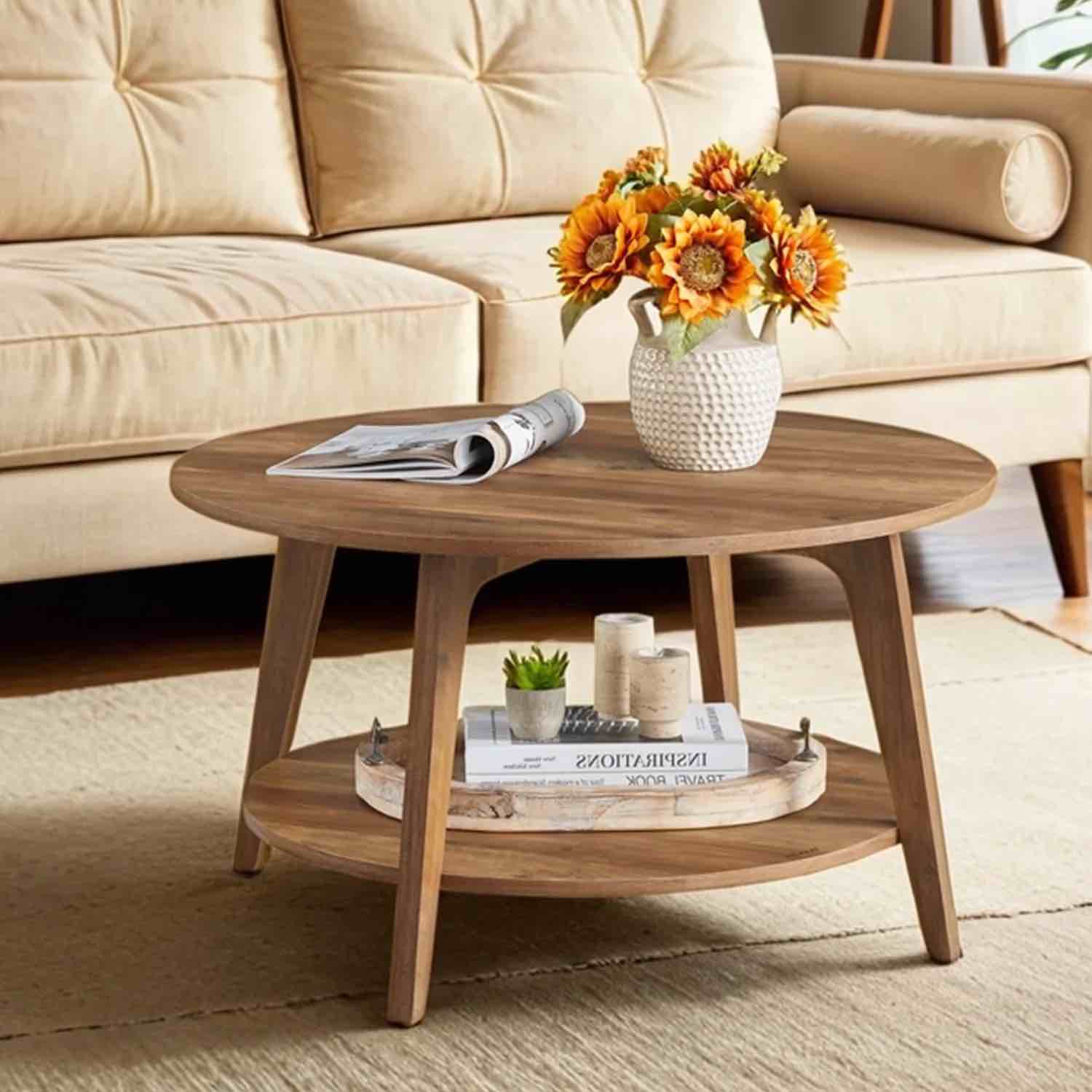 LEDREM Round Coffee Table with Storage - 2-Tier Design, 66lb Capacity, Quick Assembly, Modern Minimalist Style, Honey Brown