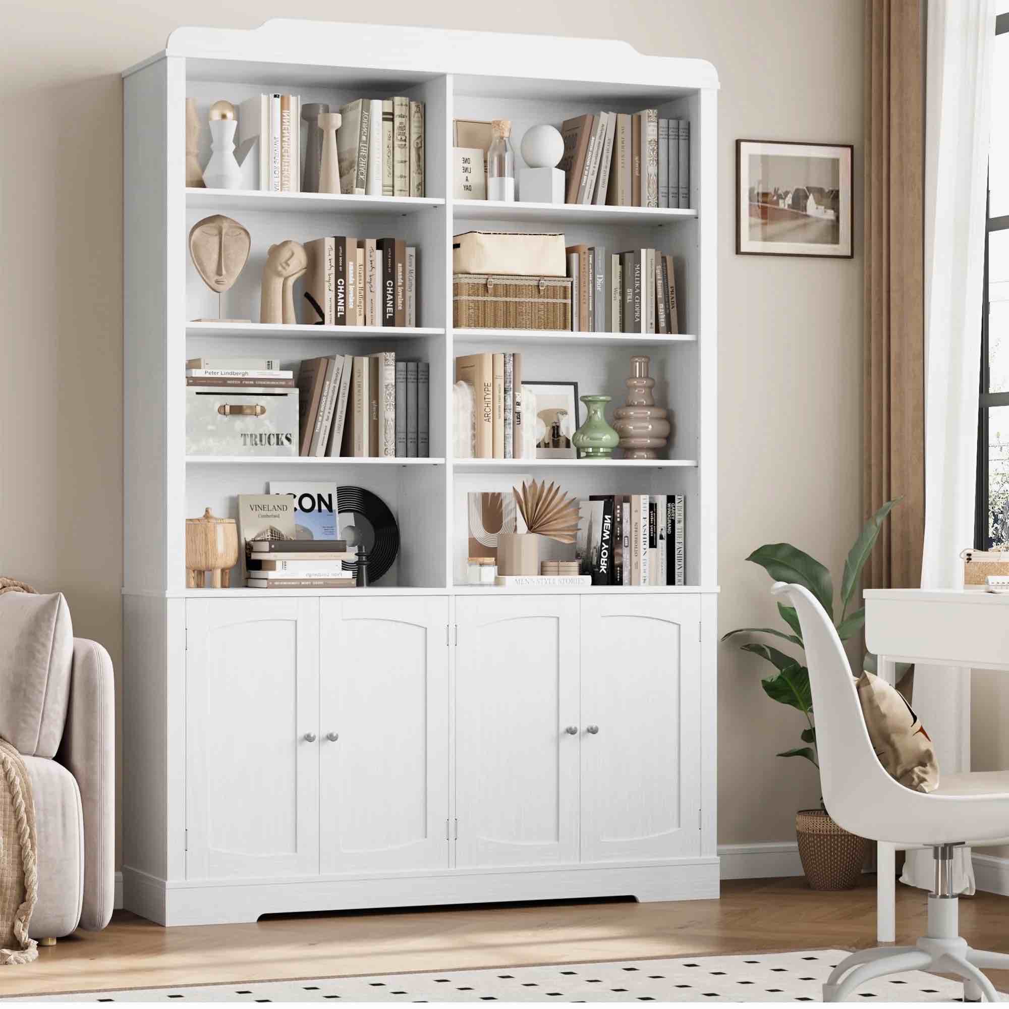 Homfa 73'' Tall Bookcase with 4 Doors, 6-Tier 8 Cubes Display Bookshelf, Double Row Bookcase with Adjustable Shelves for Living Room Home Office, White