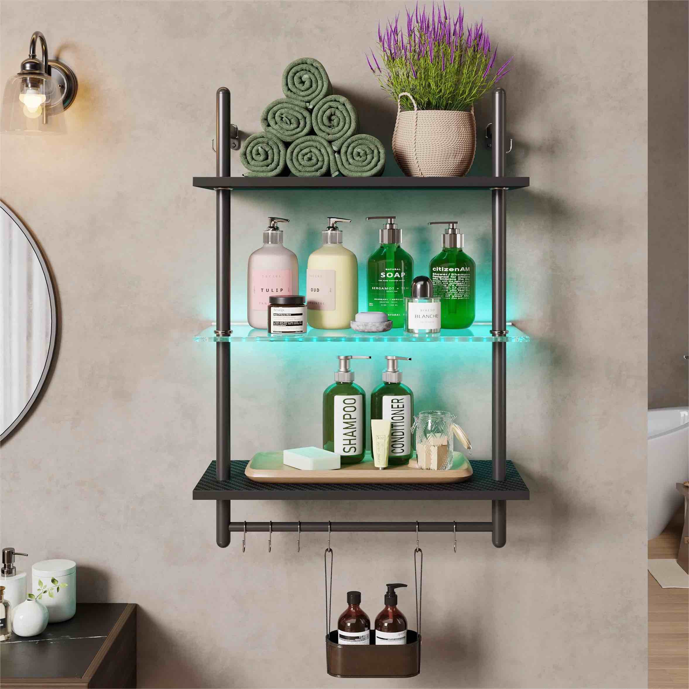 Bestier 23" Floating Shelves for Wall with LED Light 3-Tier Wall-Mounted Wood Shelves with 8 S-Hooks, Black Carbon Fiber