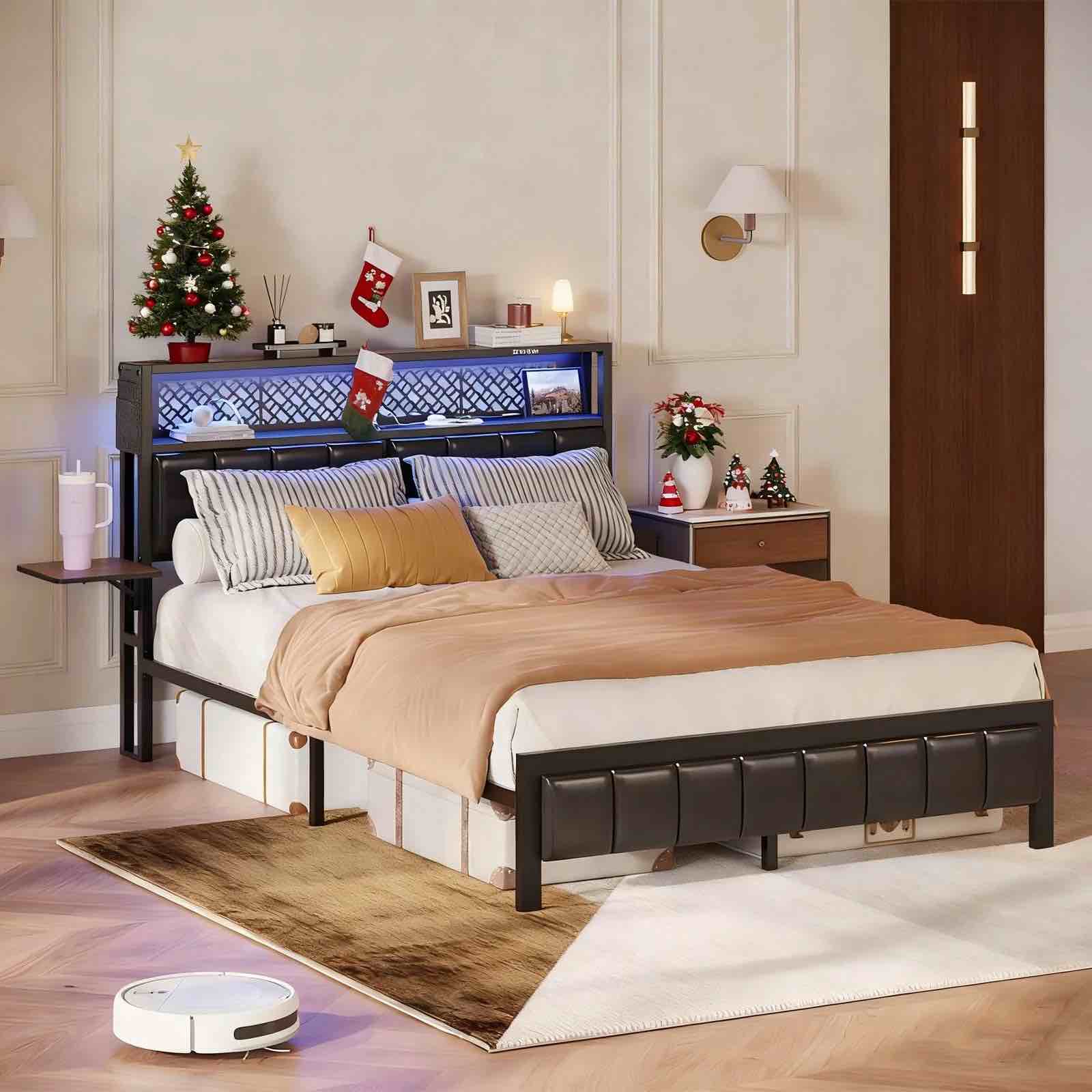 Bestier Full Size Bed Frame Upholstered LED Platform Bed with Foldable Trip Shelves and Storage Headboard Charge Station, Walnut