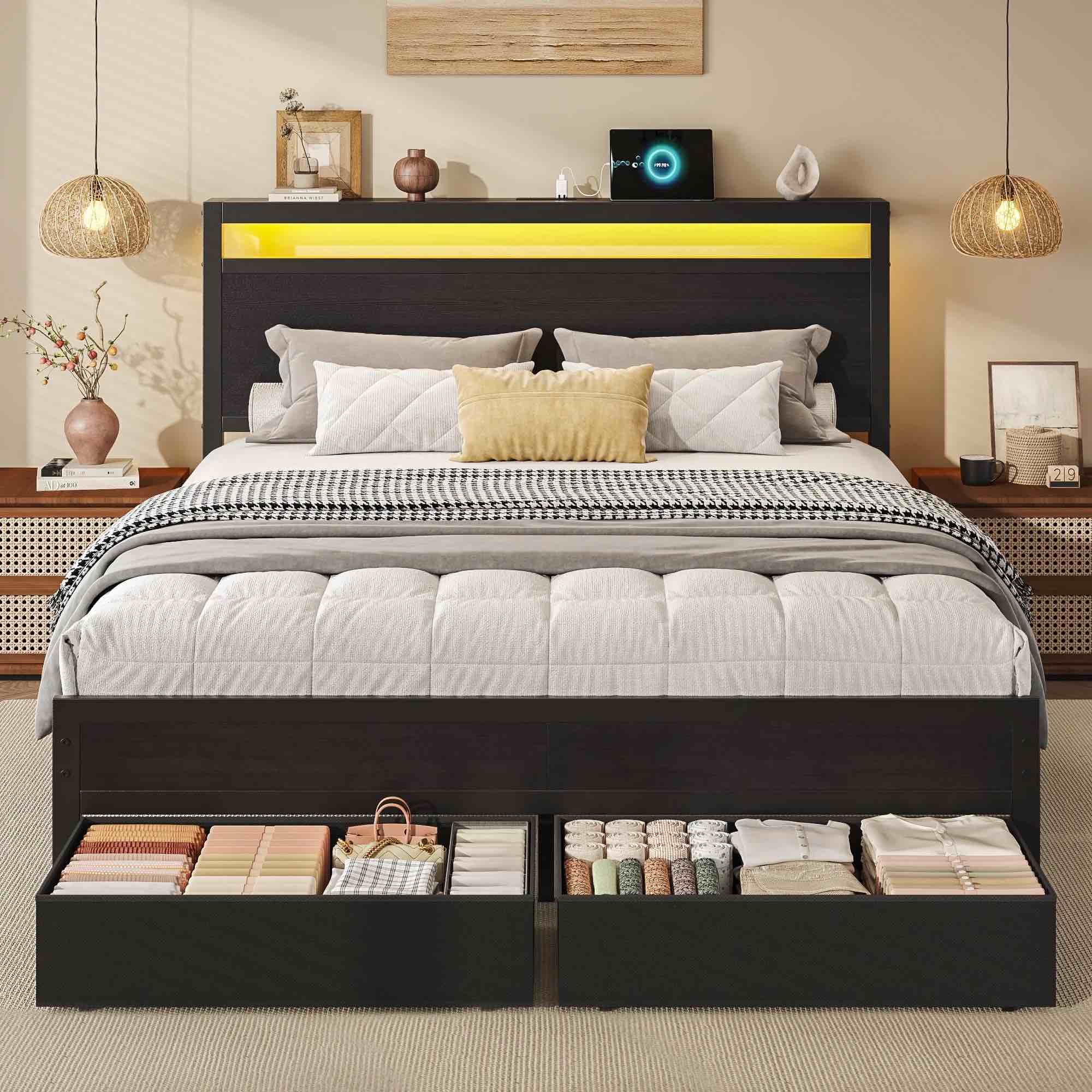 Queen Bed Frame with Headboard & Footboard, Bed Frame with Built-in Charging Station & LED Light, 2 Drawers, Storage Shelf, Noise-Free, No Box Spring Needed, Easy Assembly, Classic Black