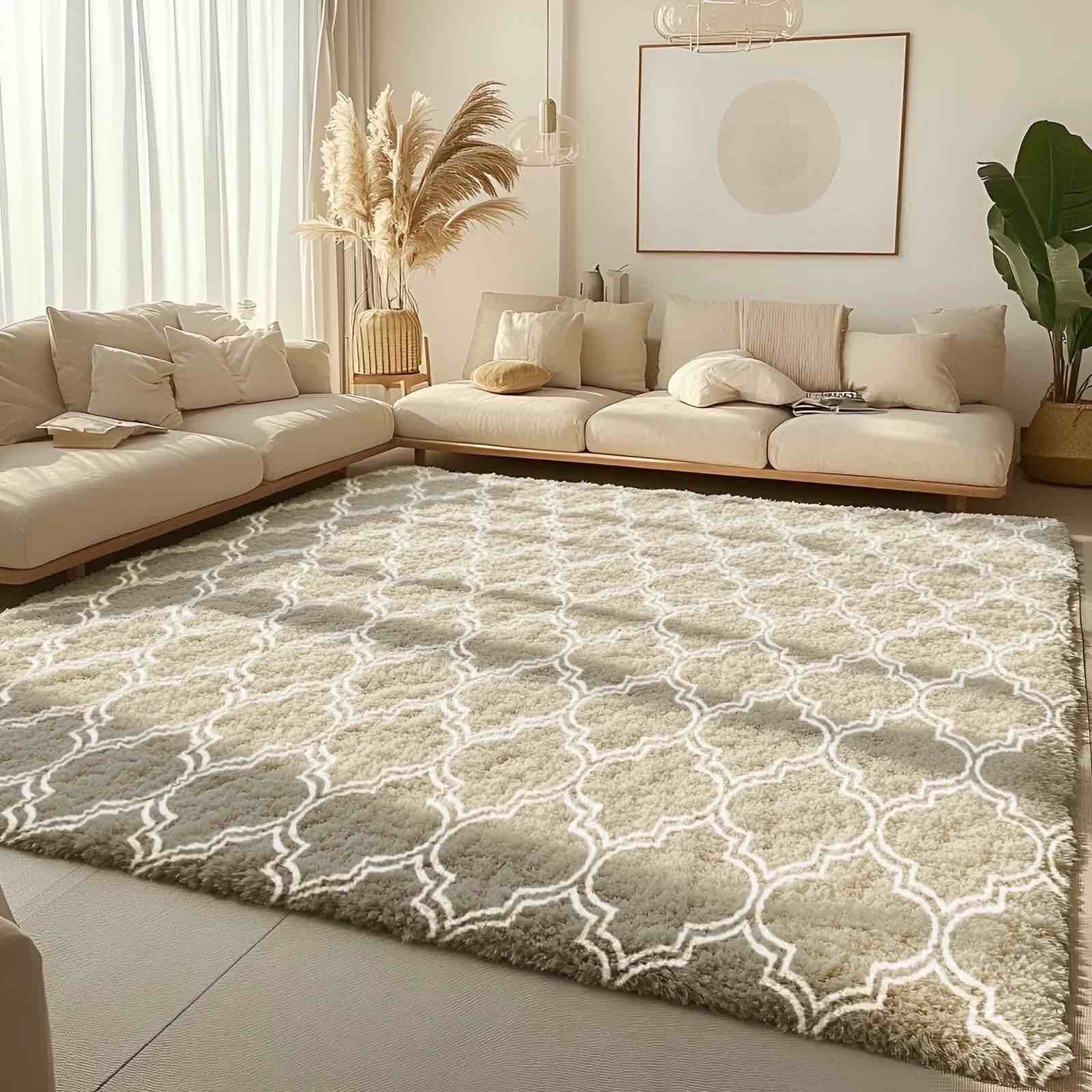 Pentantan 5ft x 8ft Geometric Shag Area Rugs for Living Room, Moroccan Fluffy Bedroom Carpet, Camel & White