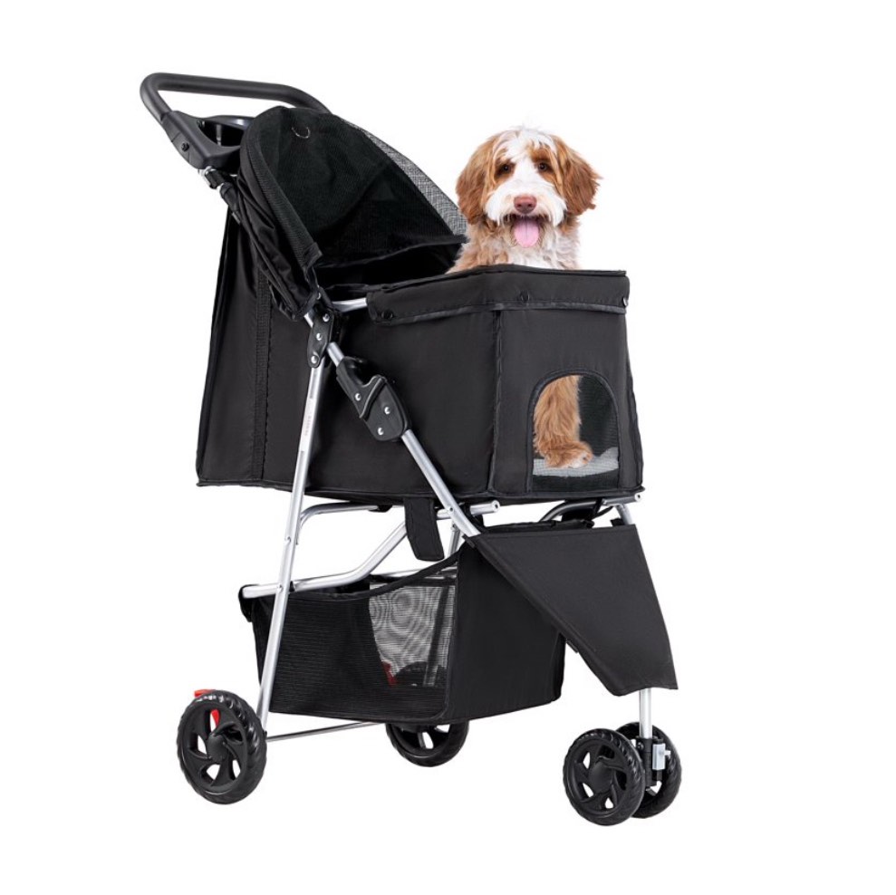 edx 3 Wheels Pet Stroller, Dog and Cat Strollers, With Storage Basket and Cup Holder, Lightweight Travel Carrier, Breathable Mesh, Waterproof and Foldable for Small Pets Outdoor Walk, Black