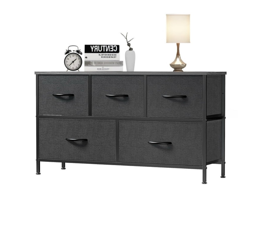 EDX 5 Drawer Dresser, Wide Chest of Drawers Nightstand Storage Tower Storage Fabric Dresser with Wood Top for Living Room, Bedroom, Hallway,Black