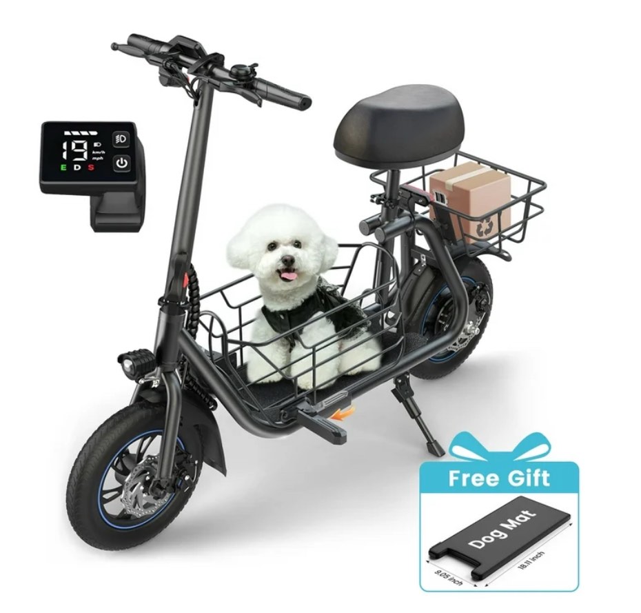MIHOVER 19MPH Foldable 550W Electric Scooter with Seat for Adult, 12 inch Commuter E Scooter for Pets with Front & Back Basket & Dog Mat, Bigger Seat - up to 21 Miles