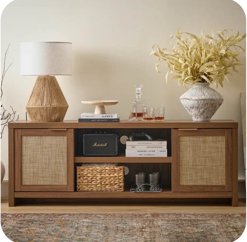 ARKANTOS Rattan TV Stand for Tvs up to 65 inch, Wood Media Console for Living Room, Classic Walnut