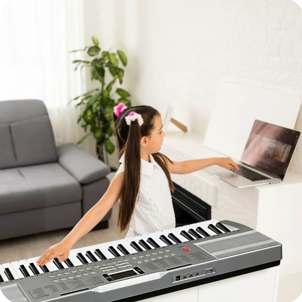 Glarry 61 Keys Keyboard Piano with Stand, Bench, Built In Speakers for Beginners, Sliver