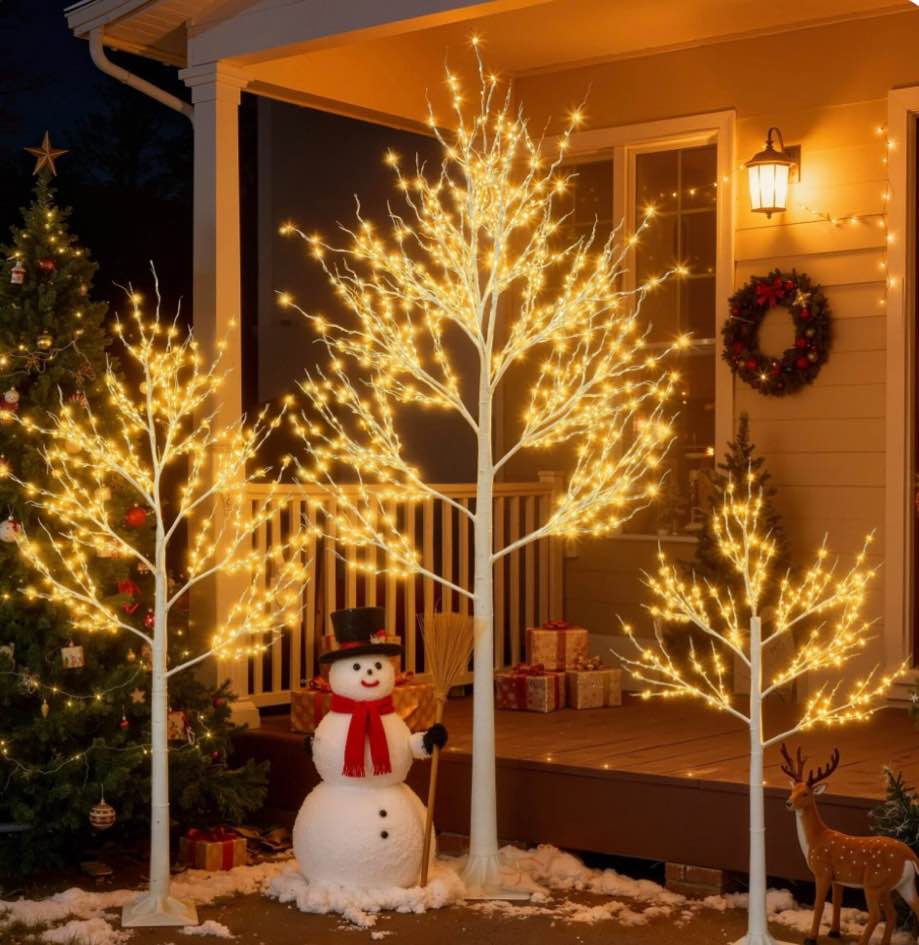 3-Pieces Lighted Birch Trees Sets, Segmart Indoor Outdoor Christmas Tree with 650 LED, Stand and Timer, Christmas Porch Decorations Lighted Trees Artificial for Festival, Party,6FT+5FT+4FT