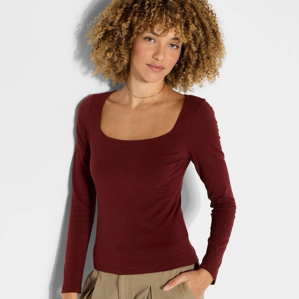 women's long sleeve square neck t-shirt - wild fable™ burgundy xs