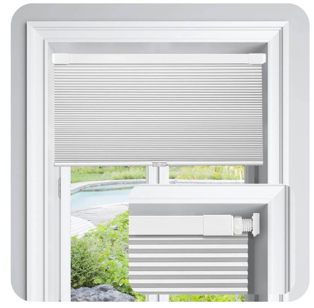 LazBlinds Cordless Cellular Shades, No Tools No Drill Blackout Honeycomb Shades Pleated Blinds for Windows, 35" W x 64" H , Silver White