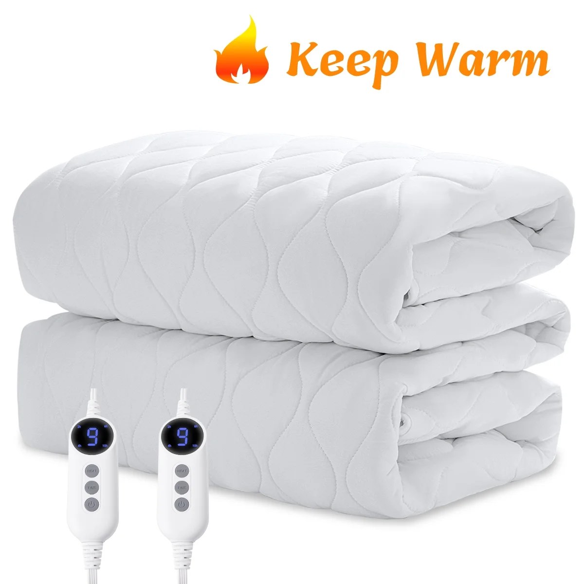 JUSTLET King Size Heated Mattress Pad, Electric Bed Warmer with 9 Heat Setting Dual Controller & 2-10 Hours Auto Off, White