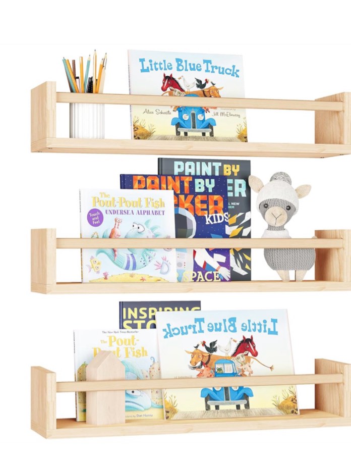 Fixwal Nursery Shelves, 16.5 Inch Floating Bookshelves for Wall Set of 3, Baby Nursery Decor, Solid Wood Wall Mounted Shelves for Books (Natural Wood)