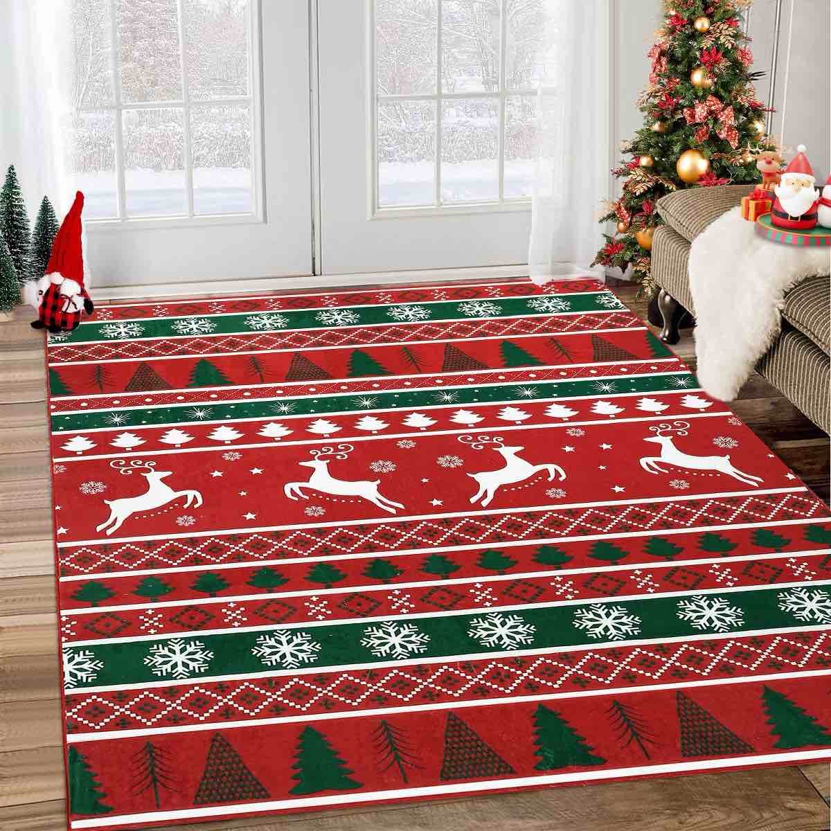 Washable Christmas Rugs for Living Room, Soft Non Slip Winter Holiday Home Decor Rugs, Xmas Decorative Reindeer Snowflake Print Throw Carpet
