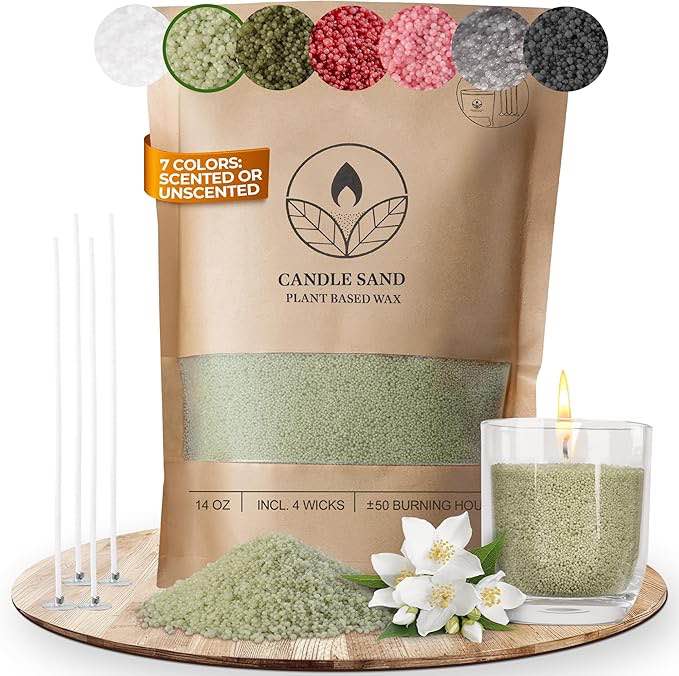 Scented Candle Sand with Wicks, Pearled Candle, Wax Granules, 14oz Sand Wax Granules + 4 Wicks (Moss Green, Pine)