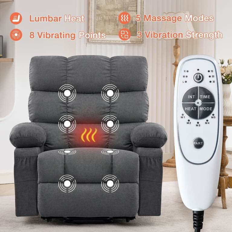 JONPONY Power Lift Recliner Chair for Elderly with Heat and Massage, USB Charge Port and Side Pocket, for Living Room, black gray 