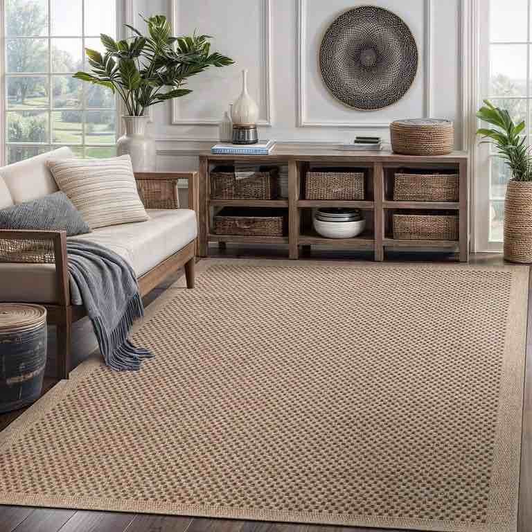 CAMILSON Easy Jute Rug Indoor Outdoor Farmhouse Area Rugs Checkered-Natural 6x9 