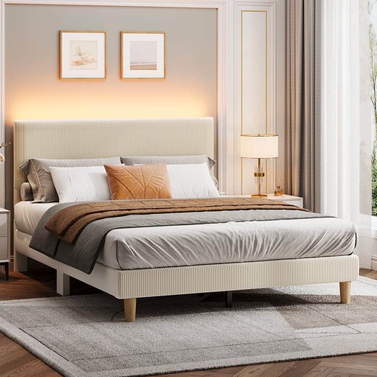 Bestier Corduroy Upholstered Queen Bed Frame with Adjustable Headboard, Platform Bed Frame with LED Light, Solid Wood Slats, No Box Spring Needed, Off White