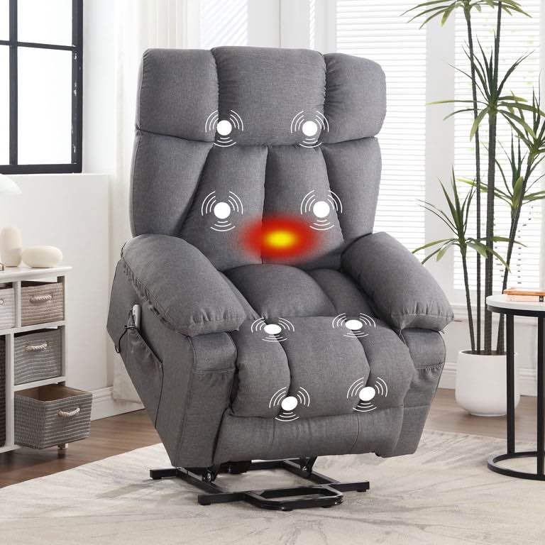 JONPONY Power Lift Recliner Chair with Heat and Massage, Lay Flat Assist Recliner with Side Pocket, USB Charge Port for Living Room?Grey