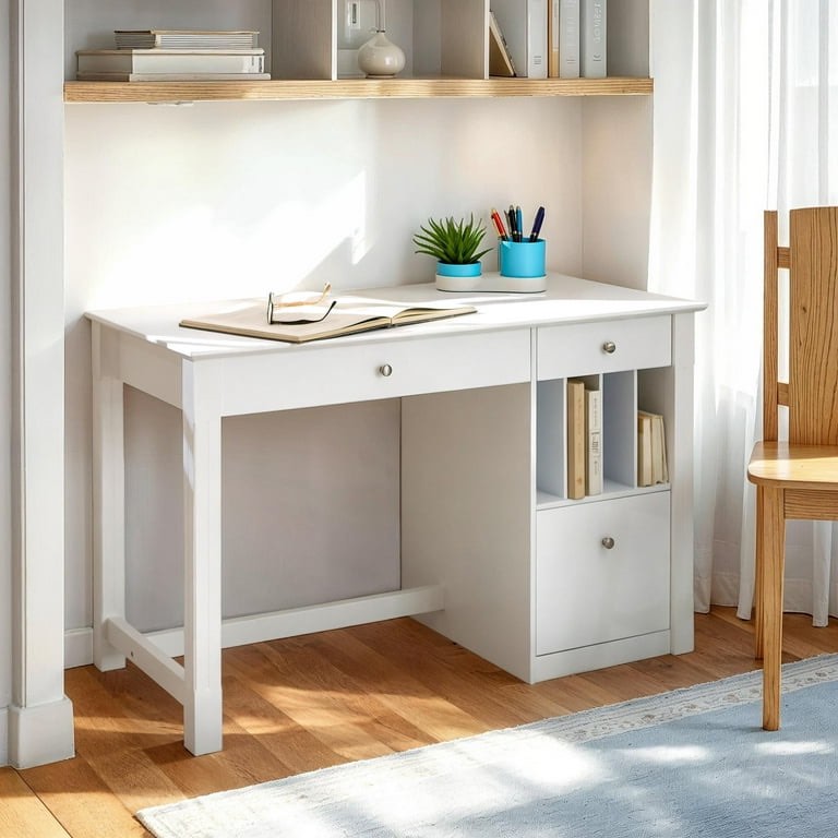 Walker Edison Modern Wood Computer Desk with Keyboard Tray and Drawers, White  