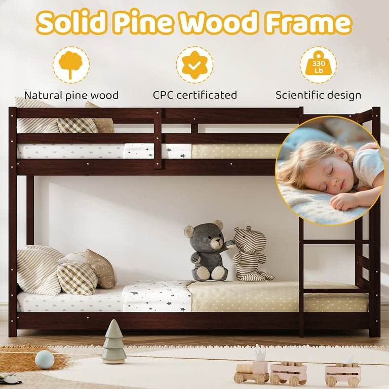Zimtown Bunk Bed Twin Over Twin,Kids Low Floor Bunk Bed with Guard Rails for Children Boys Girls Dormitory Bedroom,No Box Spring Needed,Brown