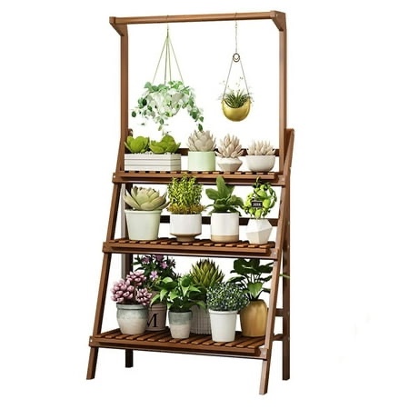 -Shelf Flower Stand Plant Display for Indoors and Outdoors 3 Tiers 15 Potted Wood Plant Holder Table Stand for Patio Garden Living Room Yard Bamboo
