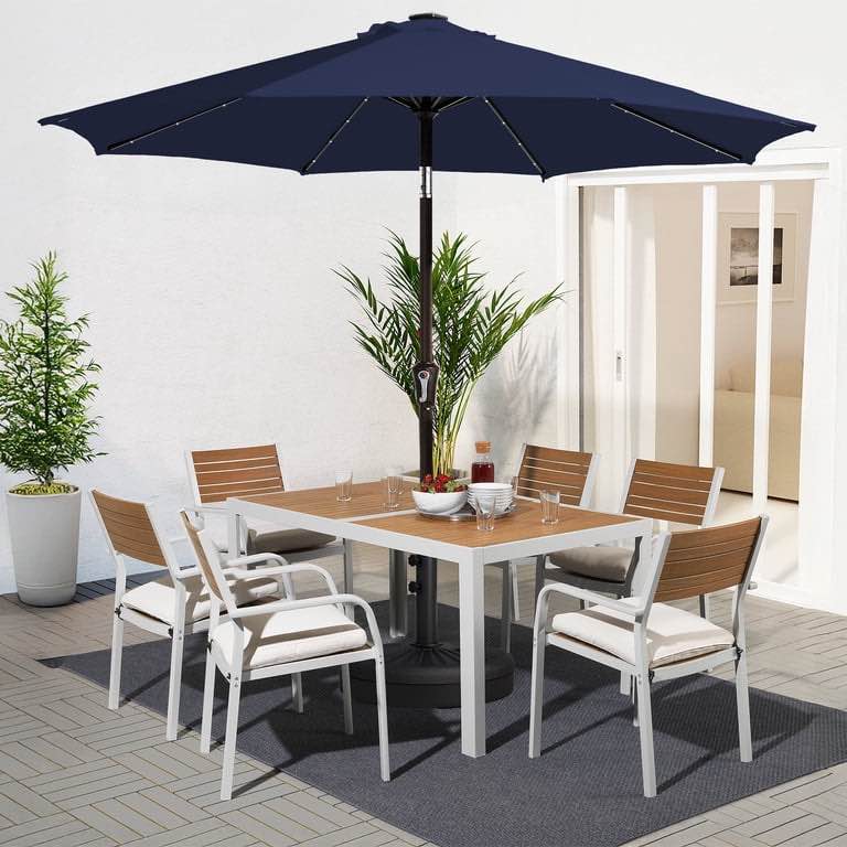 FUNDAZE 11FT Solar 32 LED Patio Umbrella w/ Tilt & Crank, 8 Sturdy Ribs, UV Protection Solution-Dyed Fabric, for Garden, Backyard, Deck & Patio, Navy Blue