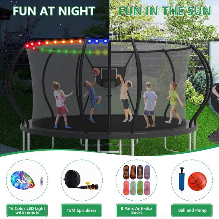 LHX Trampoline 14FT for Kids 12FT 16FT Outdoor Trampolines with Basketball Hoop, Safety Enclosure Net, Lights, Sprinklers, Socks, Recreational Heavy Duty Trampoline, 1400 LBS Loading, Easy to Install