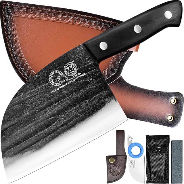 XYJ Authentic Since 1986,Outstanding Ancient Forging,6.7 Inch Full Tang,Serbian Chefs knife,Chef Meat Cleaver,Kitchen Knives,Set with Leather Sheath,Take Carrying,Butcher Black 6.7"