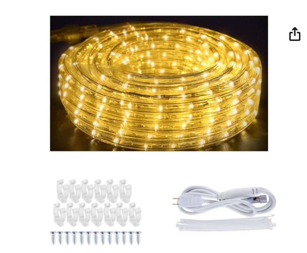 JUNWEN 40ft LED Rope Lights Outdoor Warm White, Connectable, Waterproof 110V 432LED Flexible LED Rope Lighting for Walkways, Patios, Gardens, Fences, Porches,Indoor Outdoor Decoration
