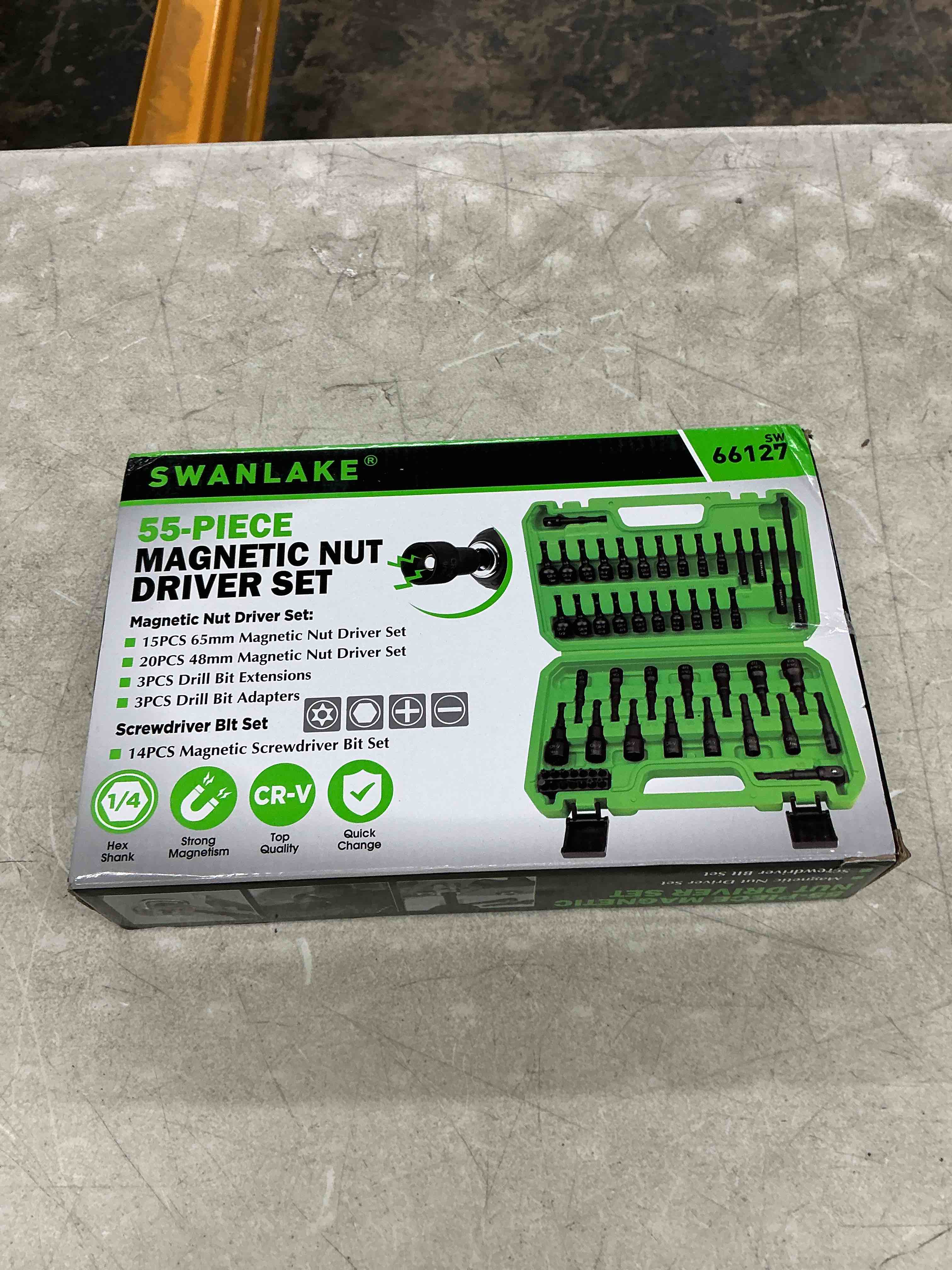 Condition photo showing Good Condition for 55-piece magnetic nut driver set, metric & sae 1/4" hex shank, impact socket adapters, snappy driver bits, drill bit extension, 14pcs screwdriver bit set