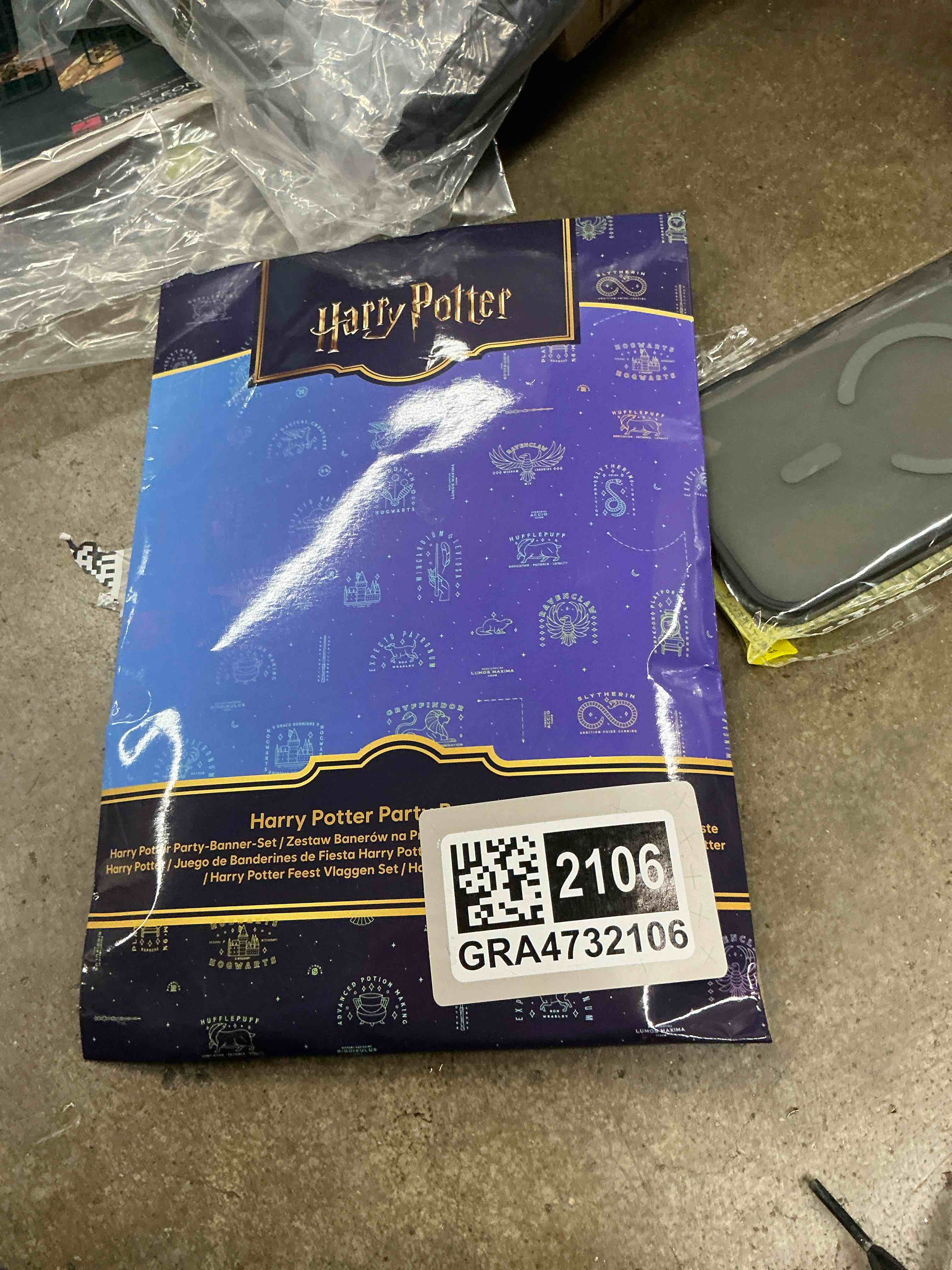 Condition photo showing As Is for harry potter gifts garland decorations set of 4 party banners 4.9 ft golden snitch letters sorting hat wall decor birthday party supplies room decor (multi banners, 40 pieces)