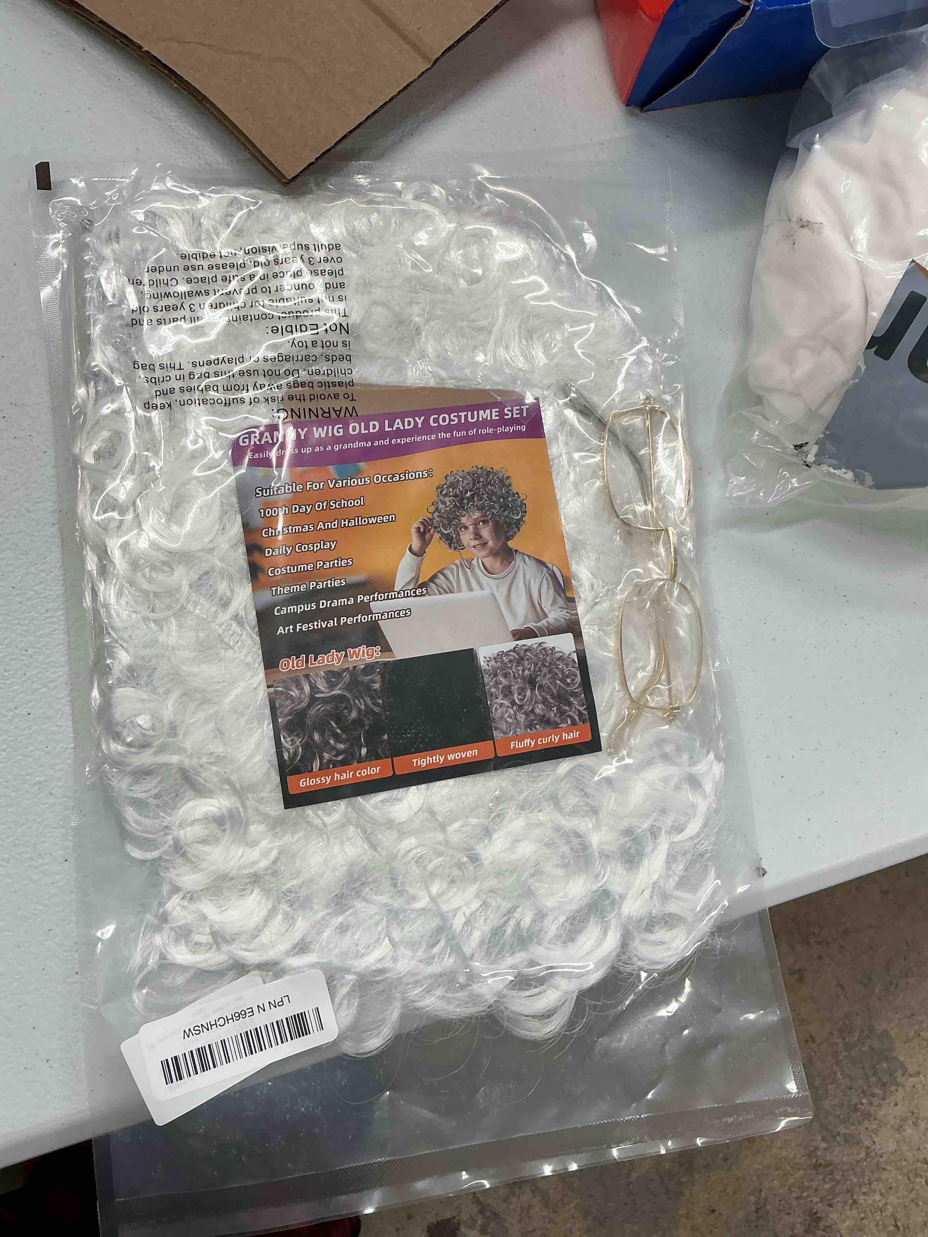 Condition photo showing New/Like New for 80s granny wig old lady costume set, 100 days costume for kids elderly woman accessories grandma wig wig caps madea granny glasses eyeglass retainer chain faux pearl necklace for cosplay party (grey)
