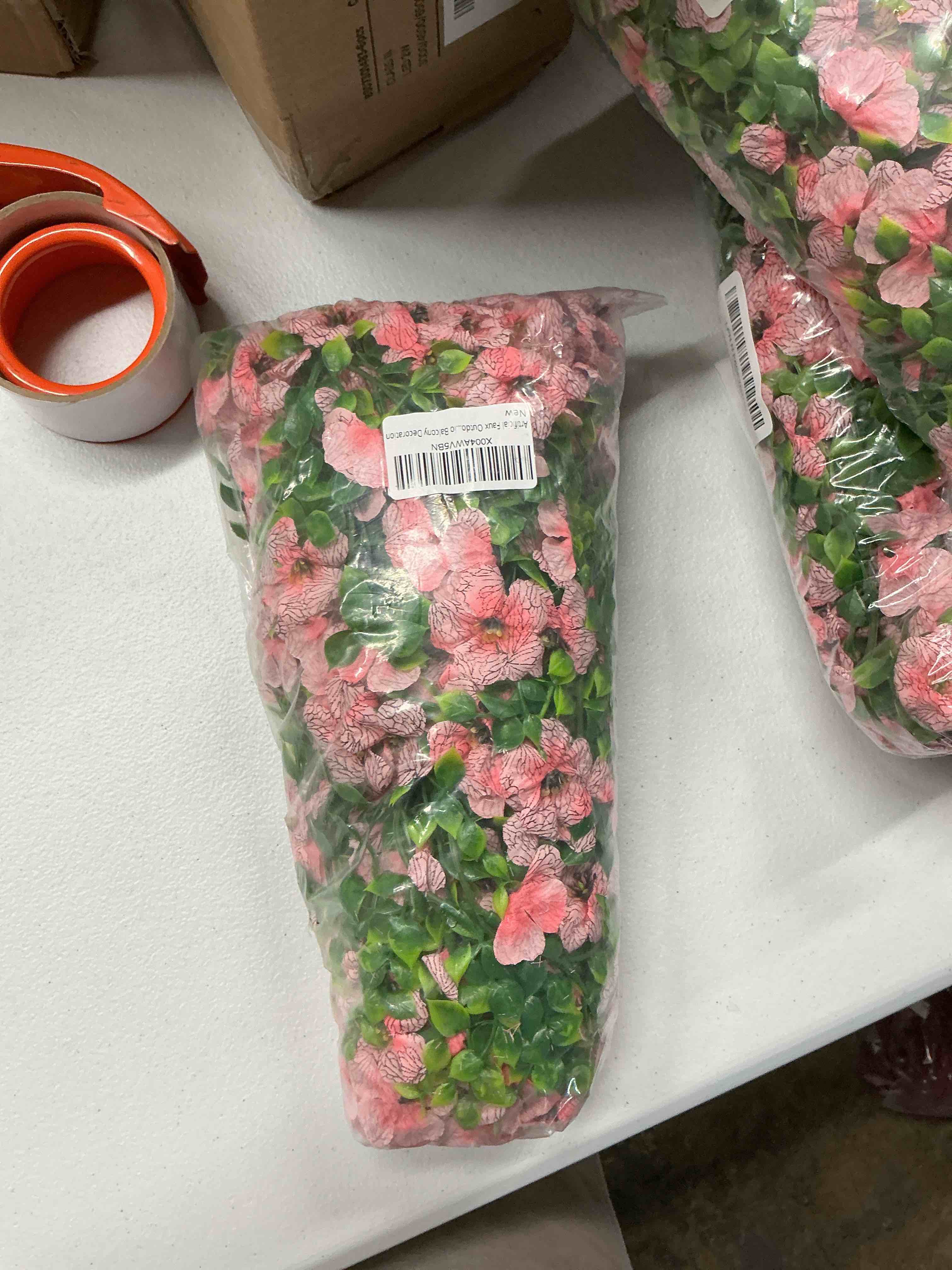 Condition photo showing Good Condition for artificial faux outdoor outside flowers plants, 2 pcs fake silk uv resistant look real pink daisy trailing vines for front door porch planter urn patio balcony decoration