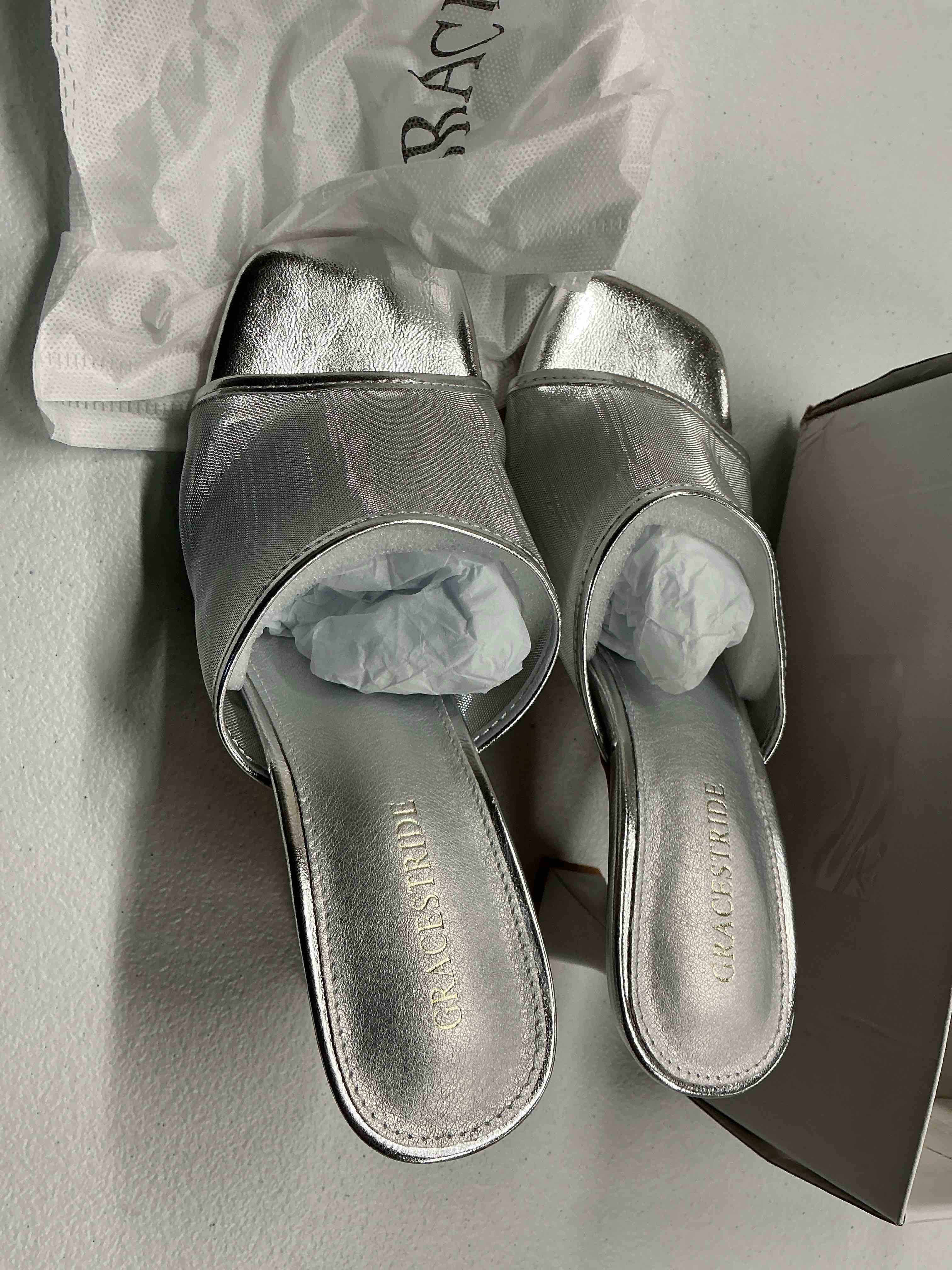 Condition photo showing Good Condition for women's mule heels chunky kitten heeled sandals mesh slip on square toe comfortable casual dress pumps shoes 7 silver