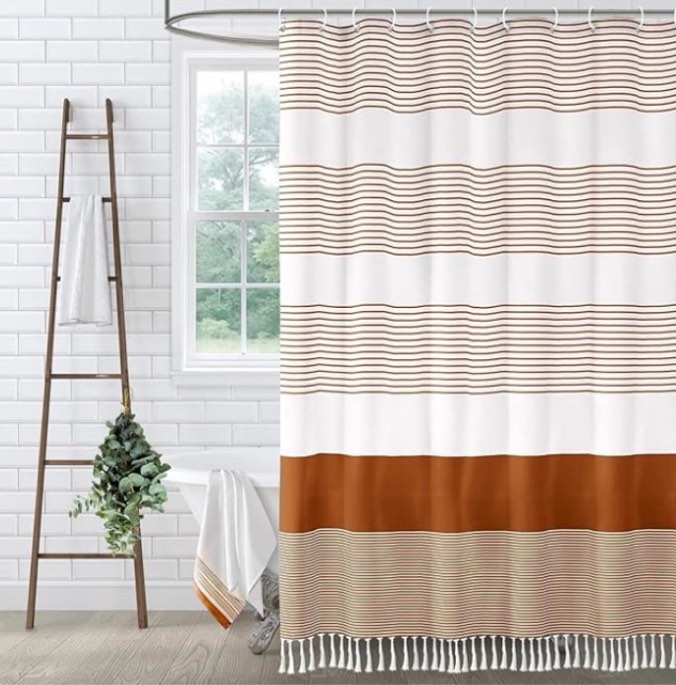 XOGUIBO Fall Shower Curtain Boho Linen Striped Shower Curtains for Bathroom with Tassel 72 X 72 Orange