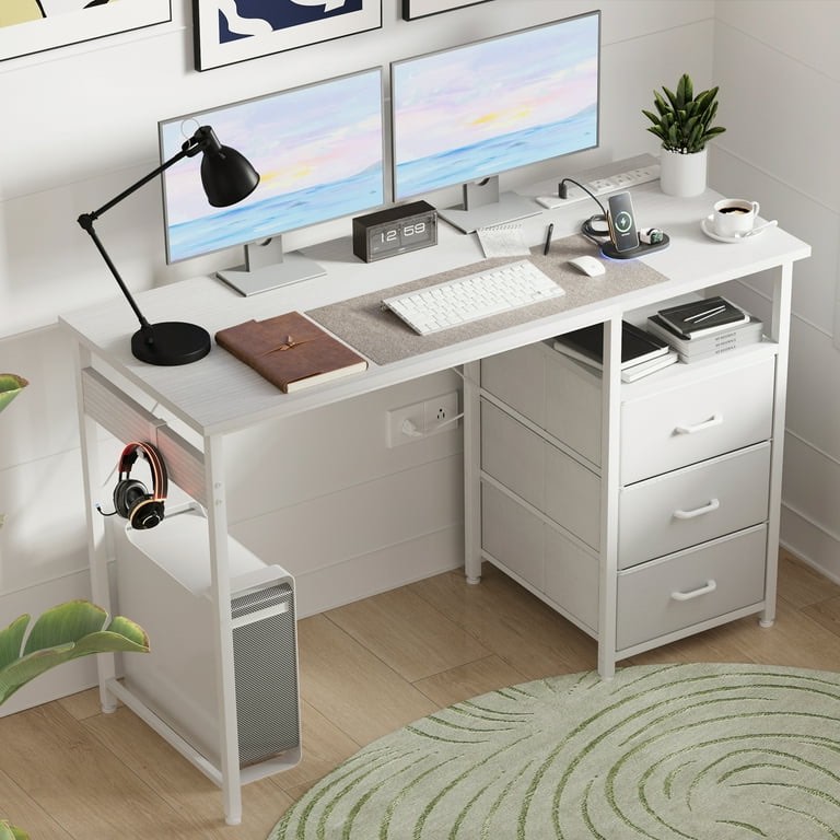 48 Inch Computer Desk with Sockets, Home Office Desk with 3 Drawers, Writing Desk, Bedroom Dressing Table, White