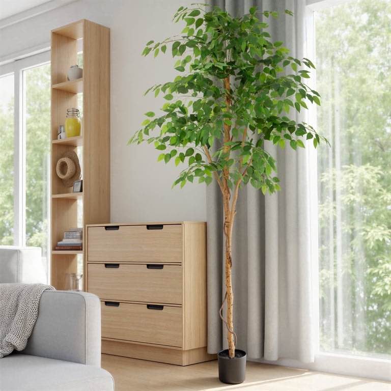 RosyHaven 7 Ft UV Resistant Artificial Ficus Tree with Real Wood Trunks and Waterproof and Royal Touch Leaves, 84” Realistic Fake Ficus Tree for Living Room Decoration Bedroom Dining Room Balcony Patio